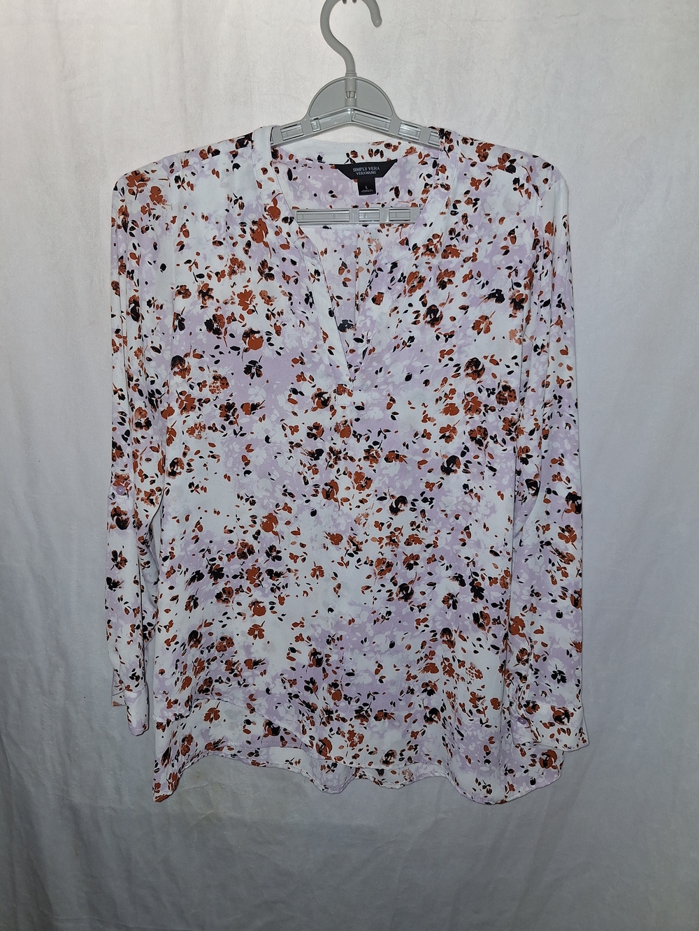Split-Neck Floral Blouse in White with Brown & Lavender Print